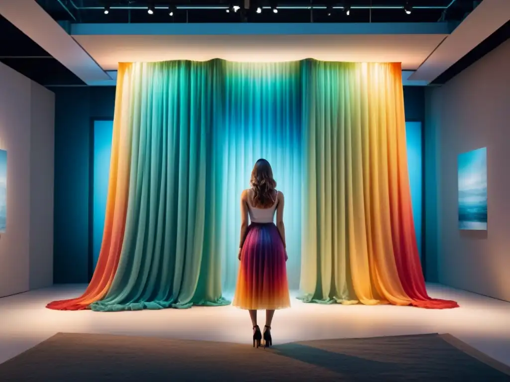 Una instalación de arte inmersiva con cortinas de tela brillante y elementos interactivos en una galería