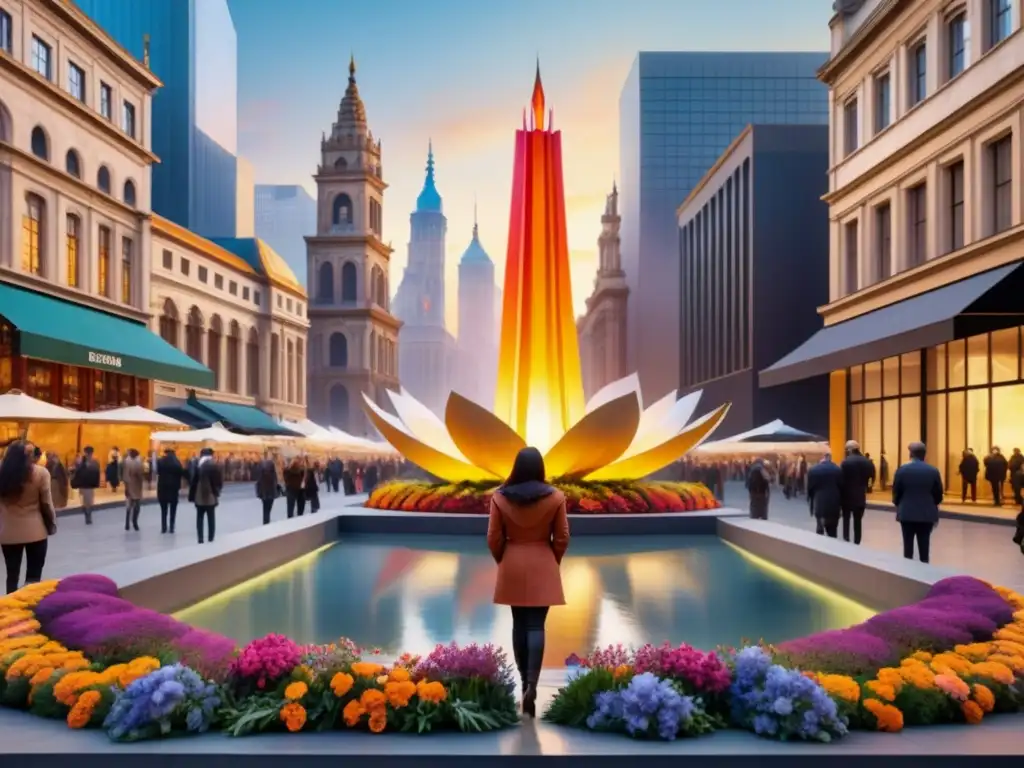 Una instalación de arte visual con mensajes poderosos cobrando vida en una plaza de ciudad bulliciosa