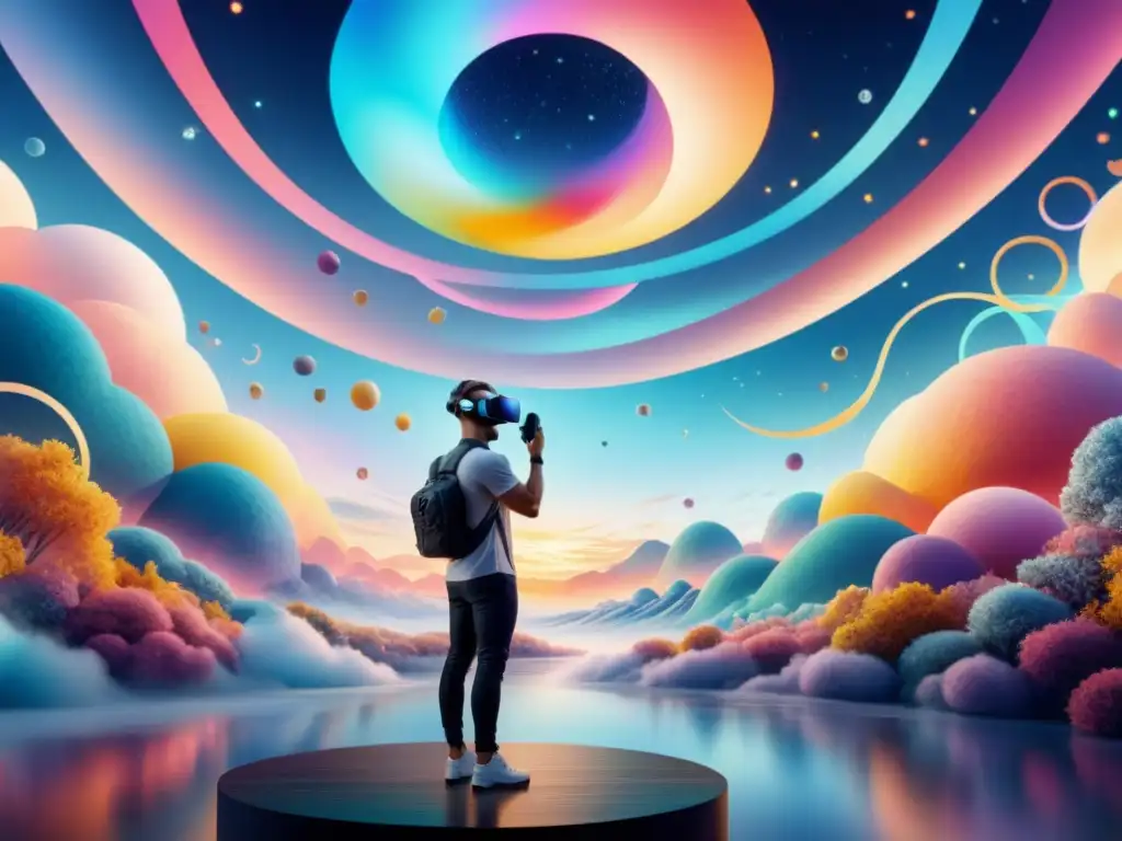 Una instalación de arte visual en realidad virtual, donde colores vibrantes se fusionan con elementos digitales en un paisaje surrealista y futurista