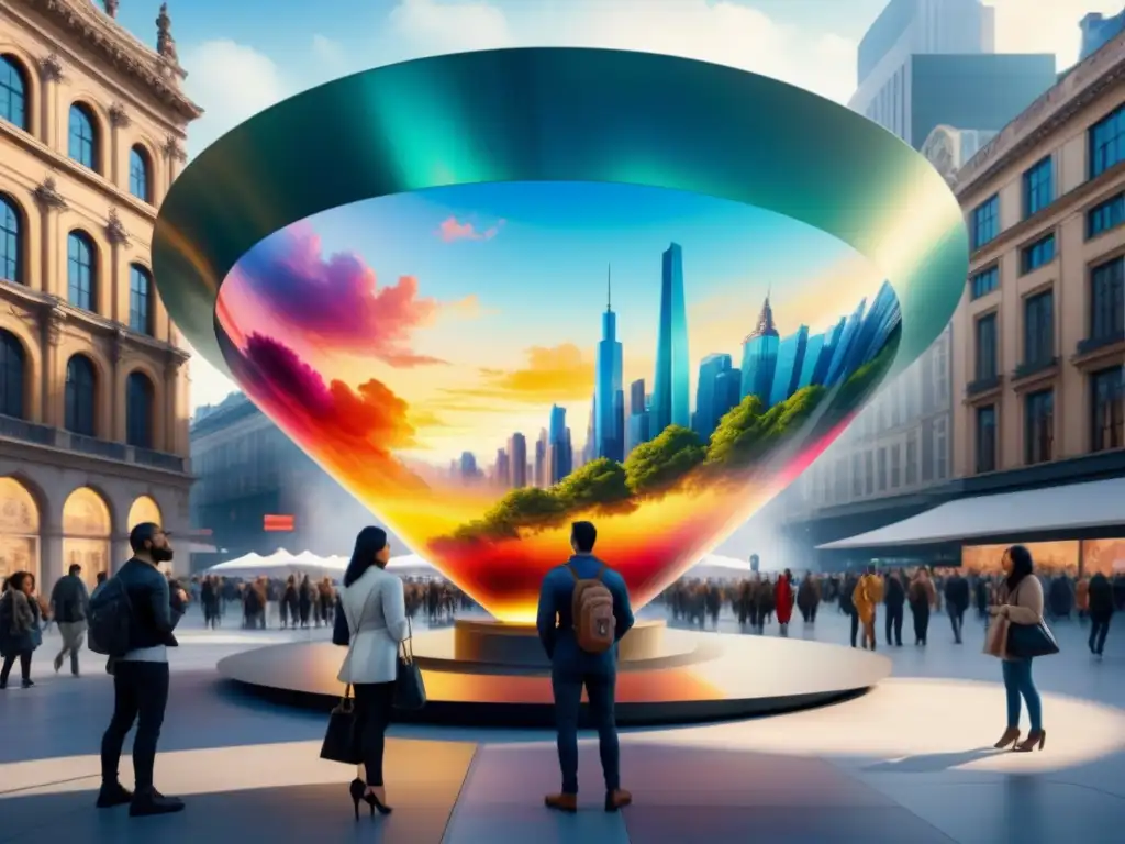 Una instalación artística futurista en una plaza de ciudad, con elementos interactivos y colores vibrantes