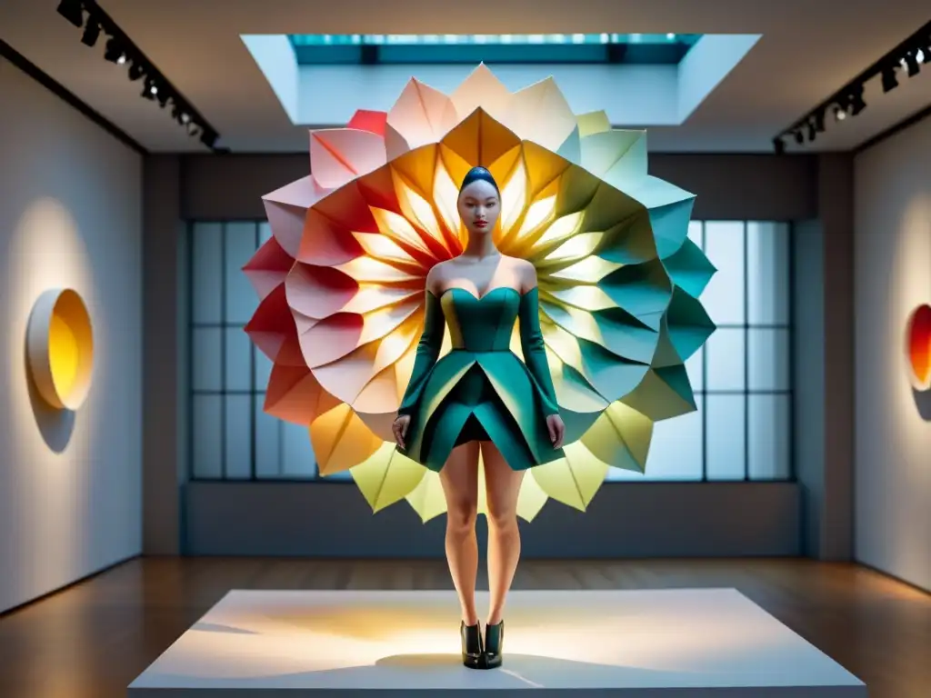 Una instalación efímera de papel en una galería de arte, con formas geométricas, pliegues delicados y colores vibrantes