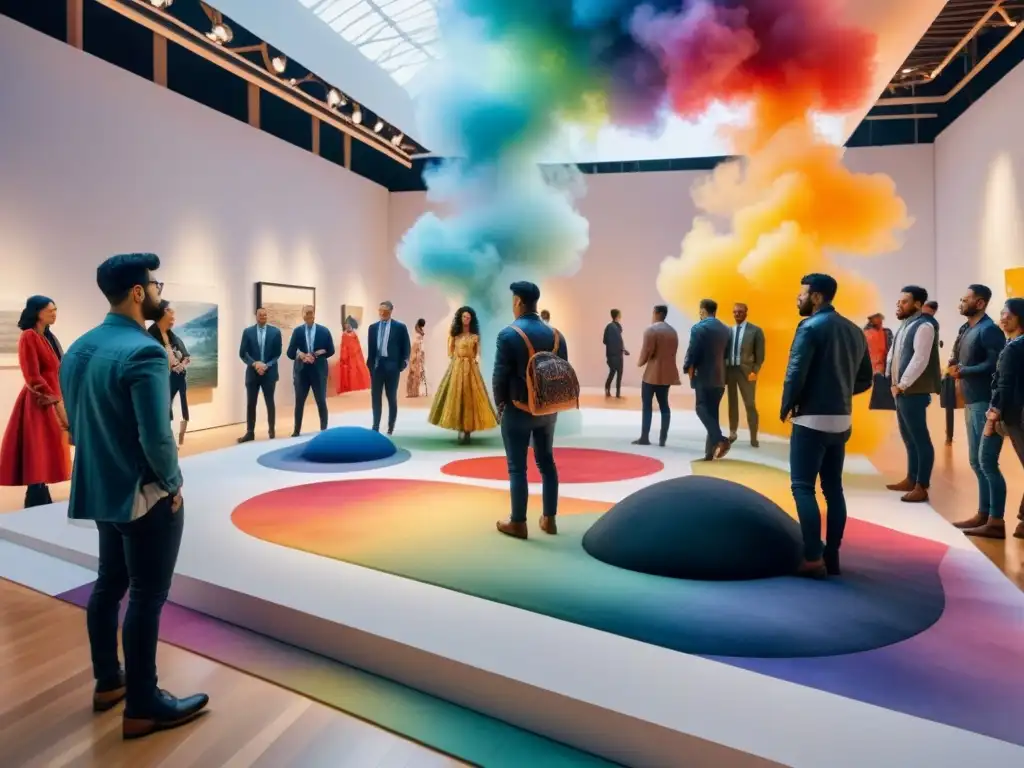 Una instalación postmodernista de arte visual con colores vibrantes y formas no convencionales, rodeada de personas diversas interactuando con la obra