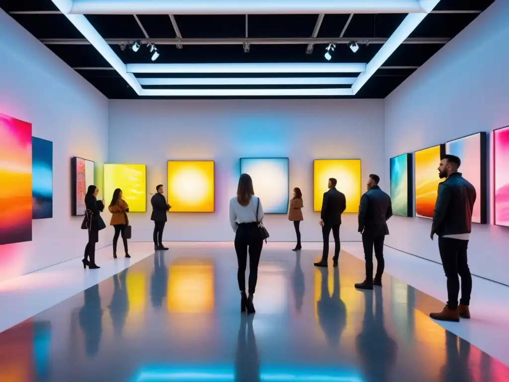 Una instalación postmodernista de arte visual en una galería blanca, con luces neón y espejos creando reflejos