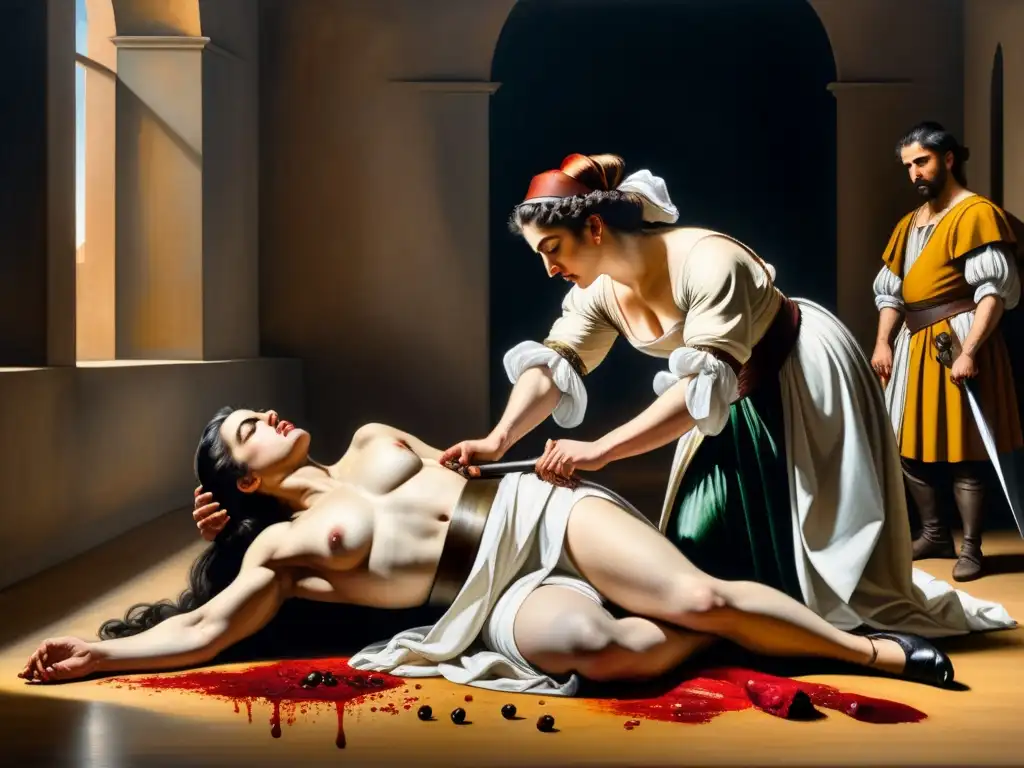 Intensa pintura al agua de Caravaggio revolucionando el realismo artístico con Judith decapitando a Holofernes en penumbra