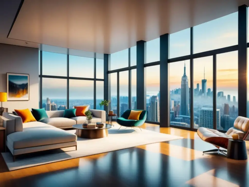Interior moderno con luz natural y vibrante ciudad al fondo Fotografía de Interiores Arquitectónicos: Detalle acuarela de un moderno espacio inundado de luz natural y elegante diseño