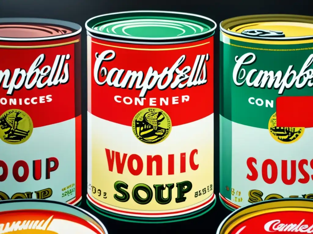 Una interpretación vibrante y detallada de la serie de latas de sopa Campbell de Andy Warhol en acuarela, capturando la esencia del movimiento pop art