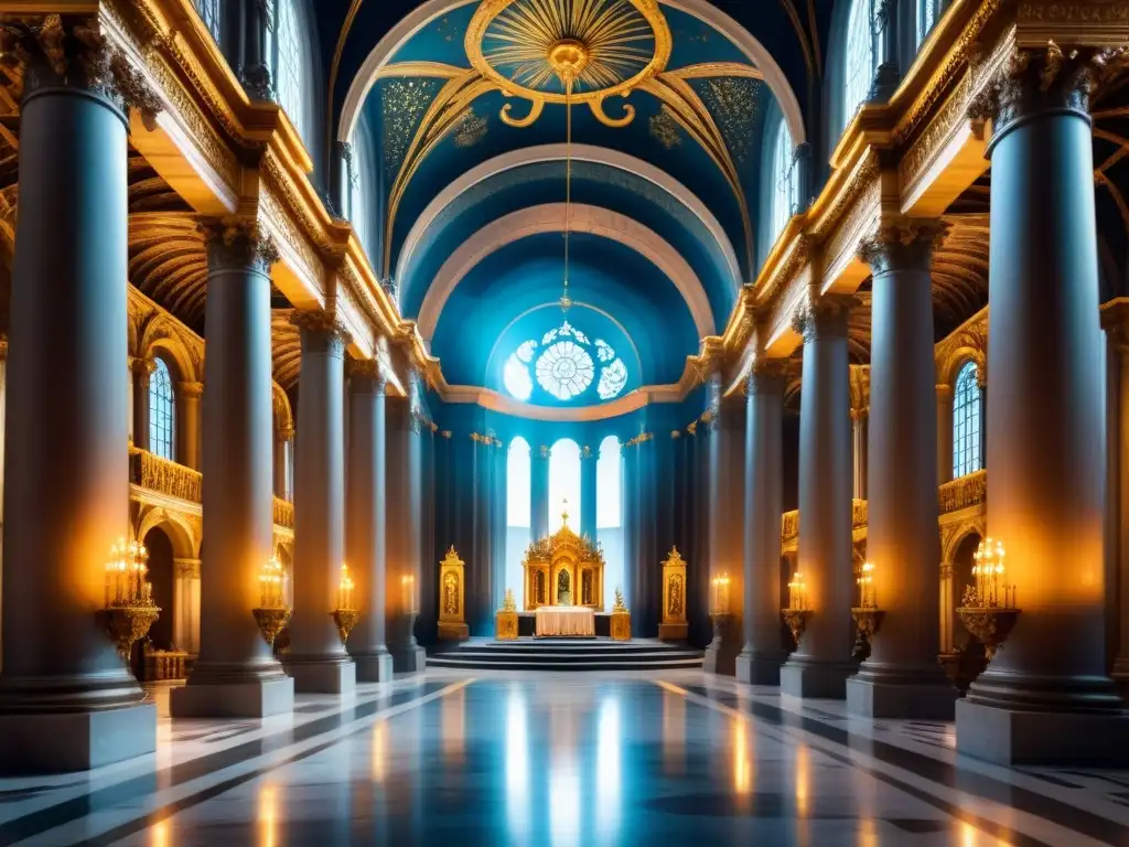 Intrincada pintura acuarela de una lujosa catedral barroca, con detalles dorados, iluminación dramática y opulenta decoración