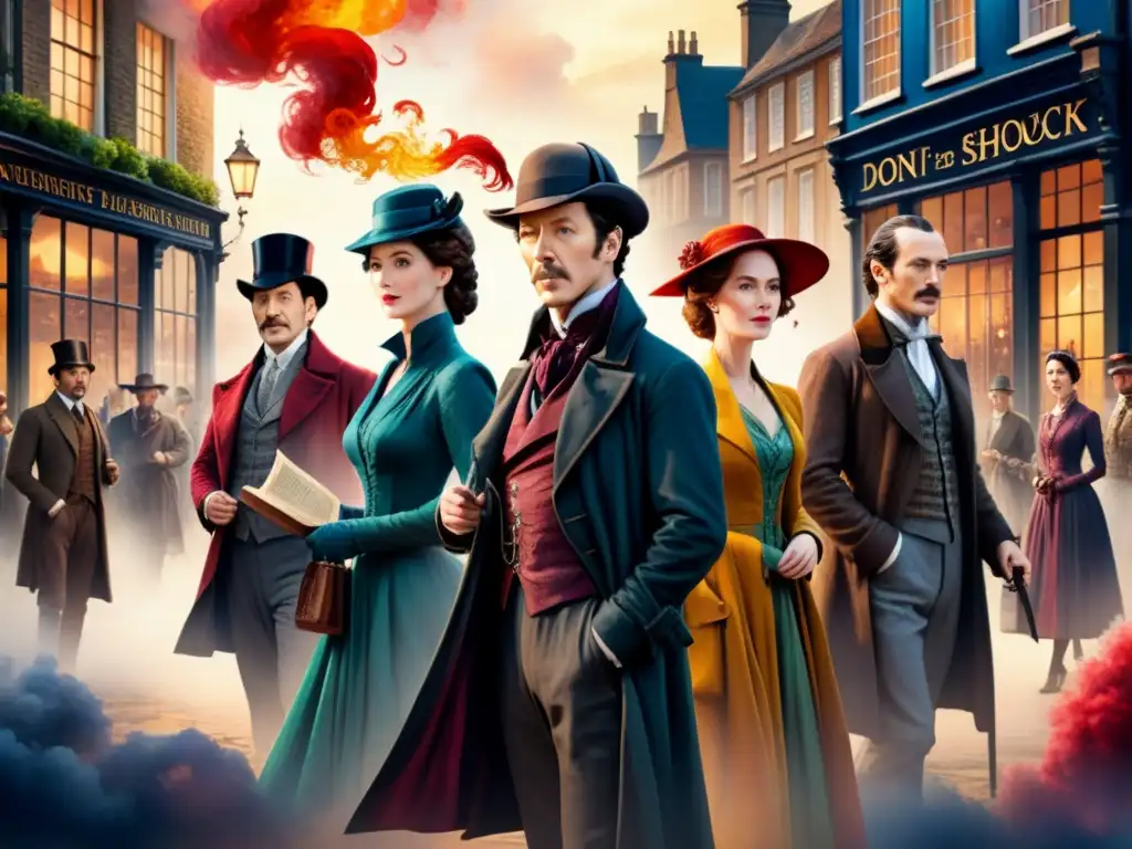 Intrincada pintura acuarela de personajes literarios icónicos como Sherlock Holmes y Drácula, representaciones artísticas personajes literarios