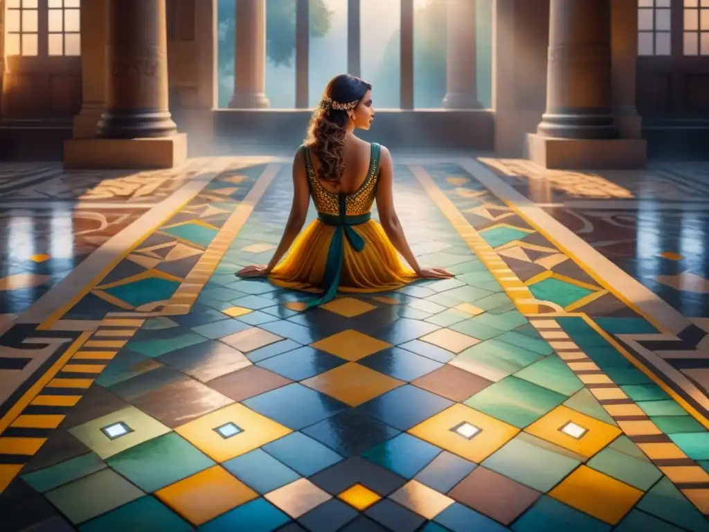 Intrincado mosaico antiguo, colores vibrantes y patrones geométricos detallados iluminados por el sol