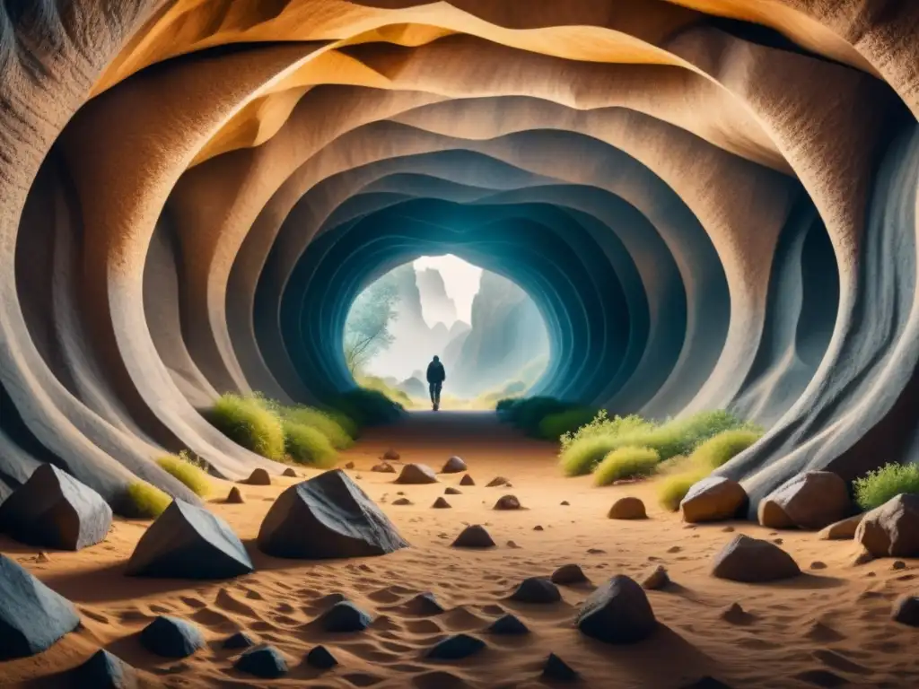 Intrincados patrones simétricos en arte prehistórico en cueva, en tonos terrosos de ocre y sienna