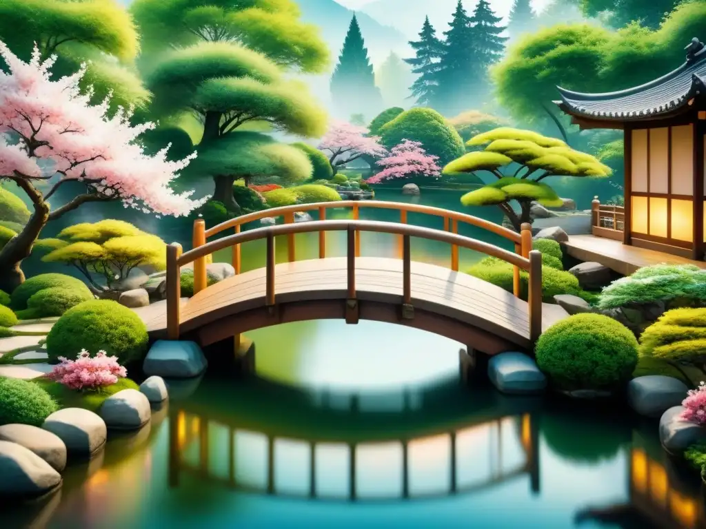 Un jardín japonés sereno pintado en acuarela con un puente de madera tradicional sobre un estanque tranquilo lleno de koi coloridos