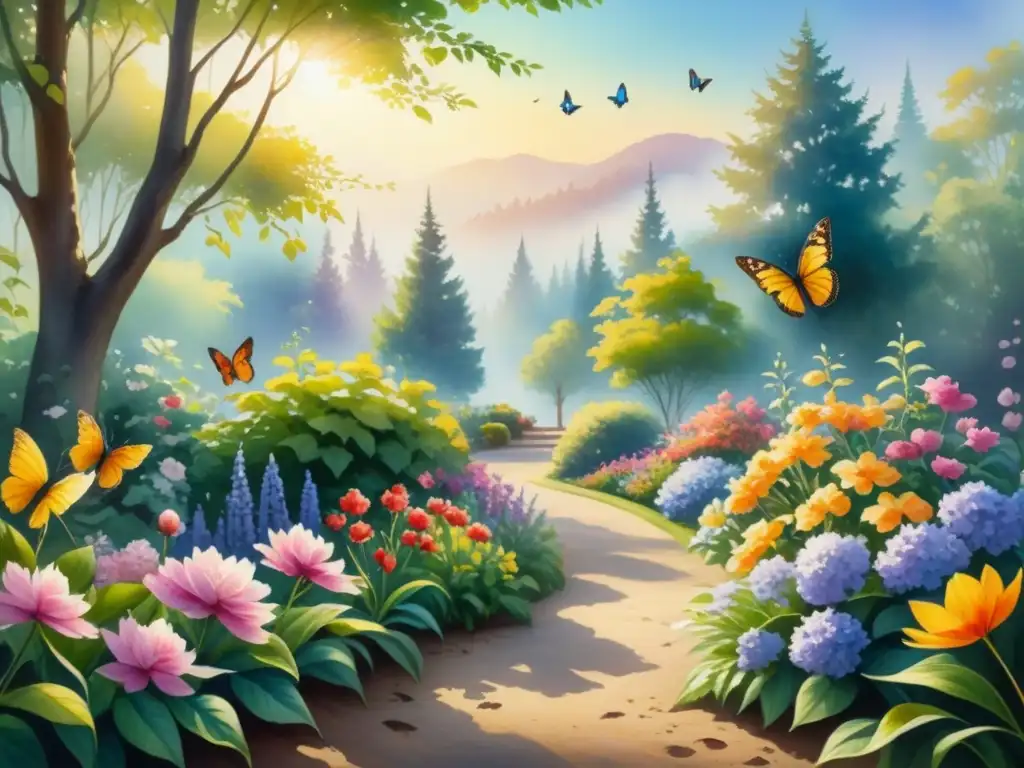Un jardín exuberante y colorido, pintado con técnicas de arte visual que transmiten felicidad a través de una paleta de colores vibrantes