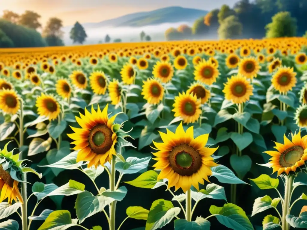 Un jardín de girasoles vibrantes en acuarela, colores cálidos y movimiento llenan de felicidad esta obra de arte