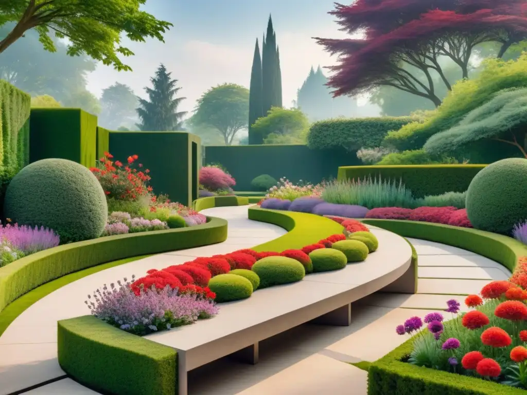 Un jardín modernista con arte visual en geometría floral en tonos rojos, rosas y morados