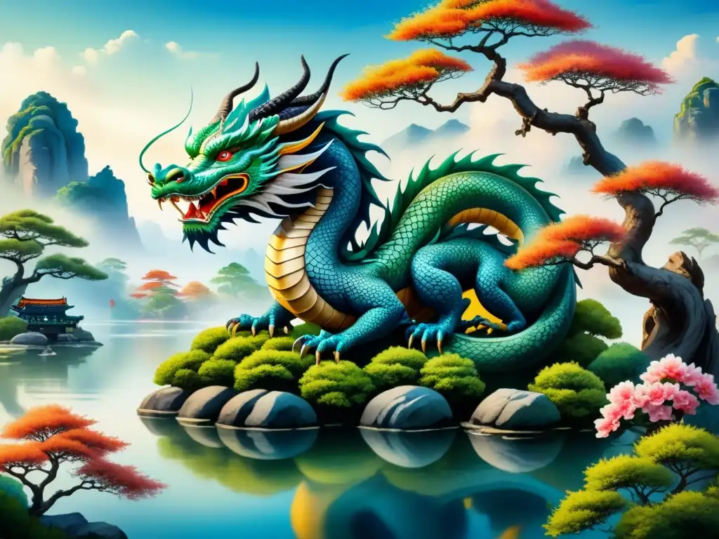 Un jardín sereno con un dragón y un bonsái, capturando la esencia de la Filosofía Oriental Arte Conceptual