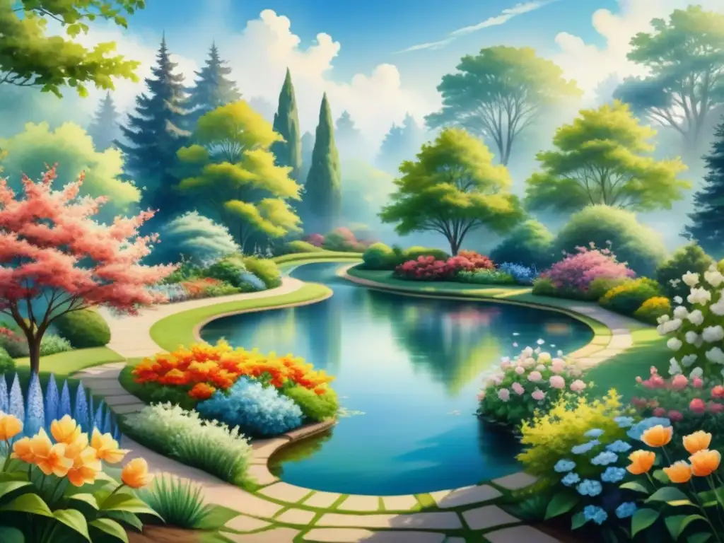 Un jardín sereno y exuberante en una pintura acuarela detallada, reflejando el arte terapéutico en la planificación de la vida