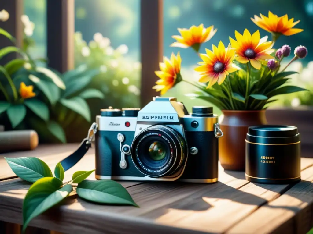 Un jardín sereno con flores en flor, una cámara vintage capturando la paciencia en fotografía analógica