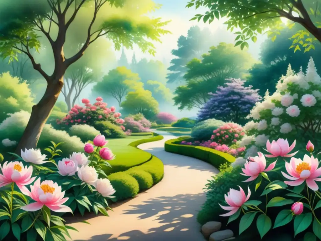 Un jardín sereno con flores vibrantes y un estanque, en una pintura acuarela que irradia arte visual y espiritualidad filosofía