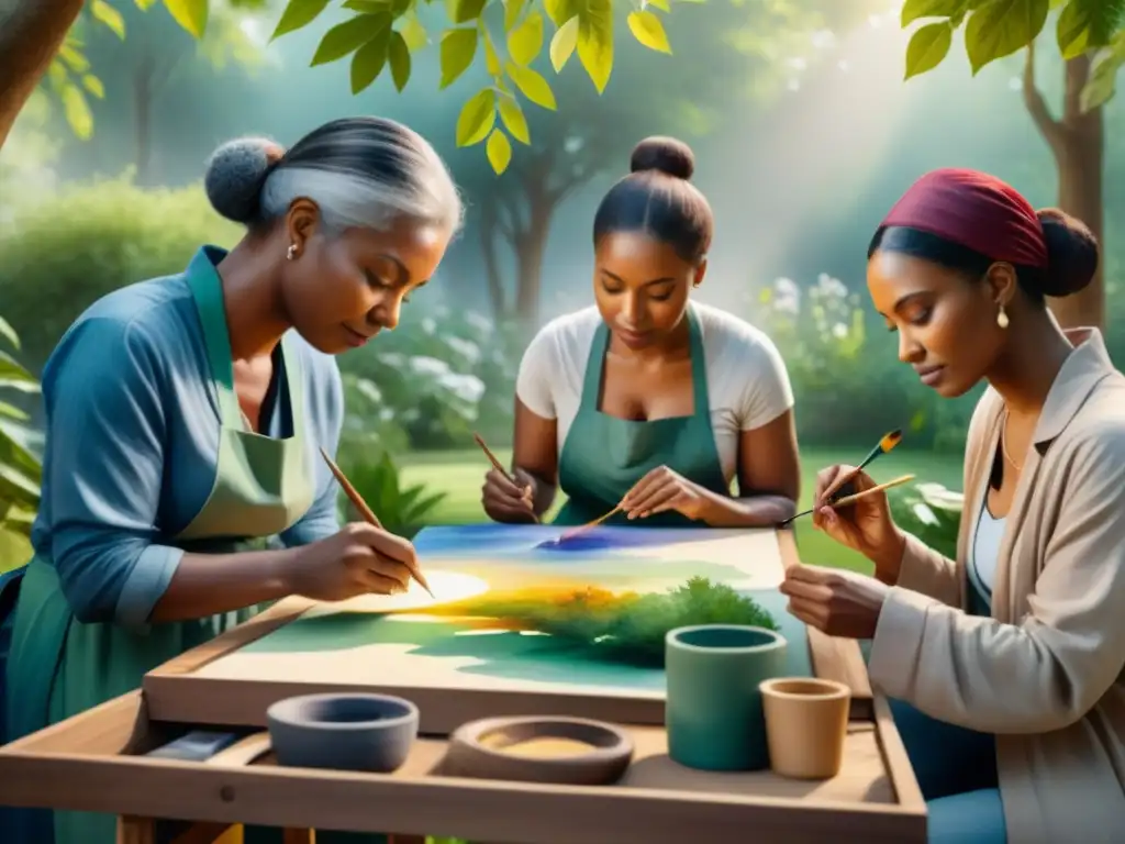 Un jardín sereno donde personas diversas realizan proyectos artísticos para la salud mental y la comunidad