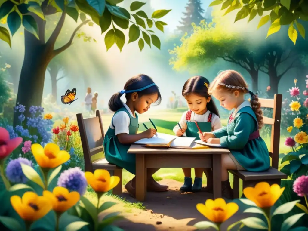 Un jardín soleado donde niños de diversas culturas fusionan arte, pintura y poesía rodeados de flores y mariposas