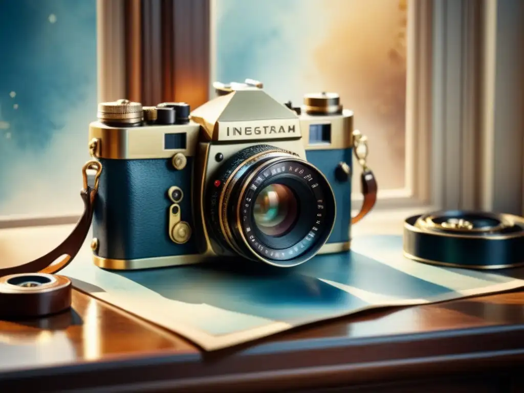 Una joya de la fotografía analógica: acuarela detallada de una cámara vintage con tonos sepia y azules, evocando nostalgia y artesanía