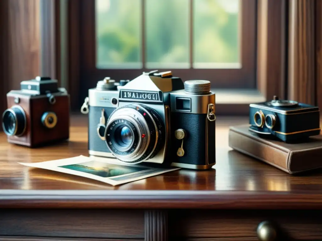 Una joya de la fotografía analógica: detallada pintura de una cámara vintage en una mesa de madera, bañada por luz natural