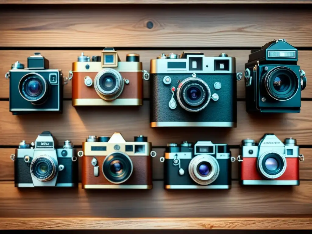 Joyas de la fotografía analógica: Acuarela detallada de cámaras vintage en mesa de madera rústica