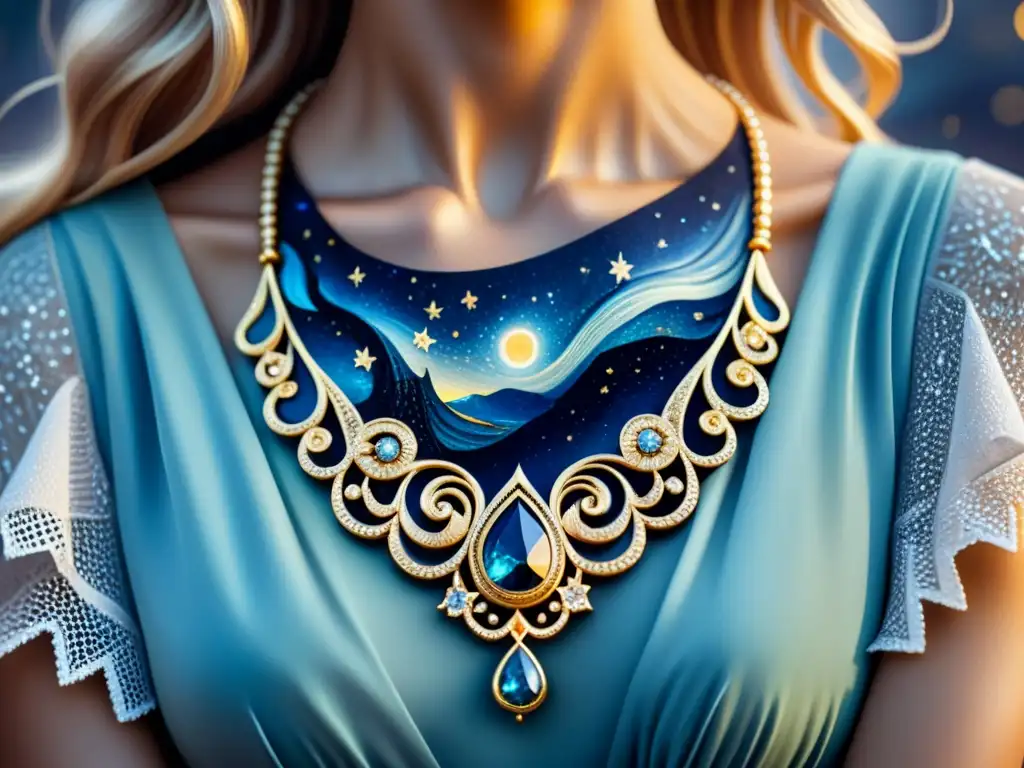 Collar joya inspirado en 'La Noche Estrellada' de Van Gogh Una joyería inspirada en obras de arte, reflejando la noche estrellada de Van Gogh en acuarela detallada