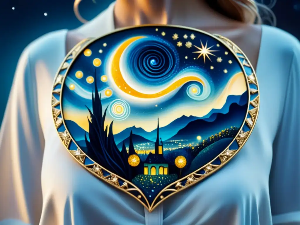 Collar de arte inspirado en Van Gogh: detalle acuarela Una joyería inspirada en obras de arte: detalle de una pieza con diseño de Vincent van Gogh 'La noche estrellada'
