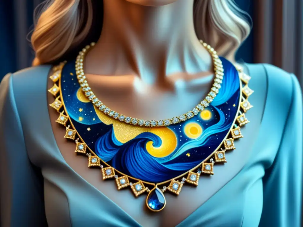 Collar de Van Gogh: Joya de arte en acuarela Una joyería inspirada en obras de arte: collar det enidos detalles, colores azules y amarillos, gemas brillantes