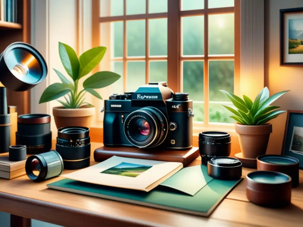 Laboratorio fotográfico casero para principiantes: Detalle acuarela de un acogedor espacio con cámara, lentes y rollos de film sobre un escritorio de madera vintage, iluminado por luz cálida filtrada por una ventana cercana