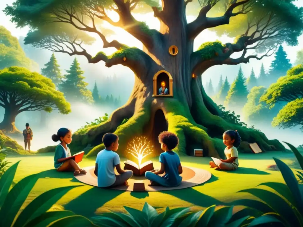 Ilustración de libros infantiles técnicas: Niños leyendo bajo un árbol mágico en el bosque