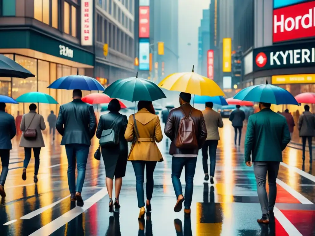 Pintura acuarela: ciudad lluviosa y bulliciosa Una lluviosa intersección urbana pintada al detalle en acuarela