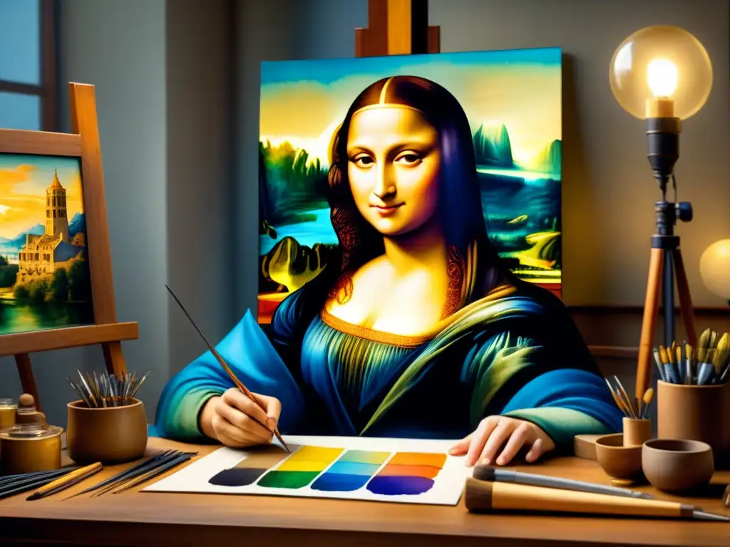 La maestría de Da Vinci cobra vida en detallada acuarela de él pintando la Mona Lisa en su estudio, rodeado de herramientas artísticas y bocetos