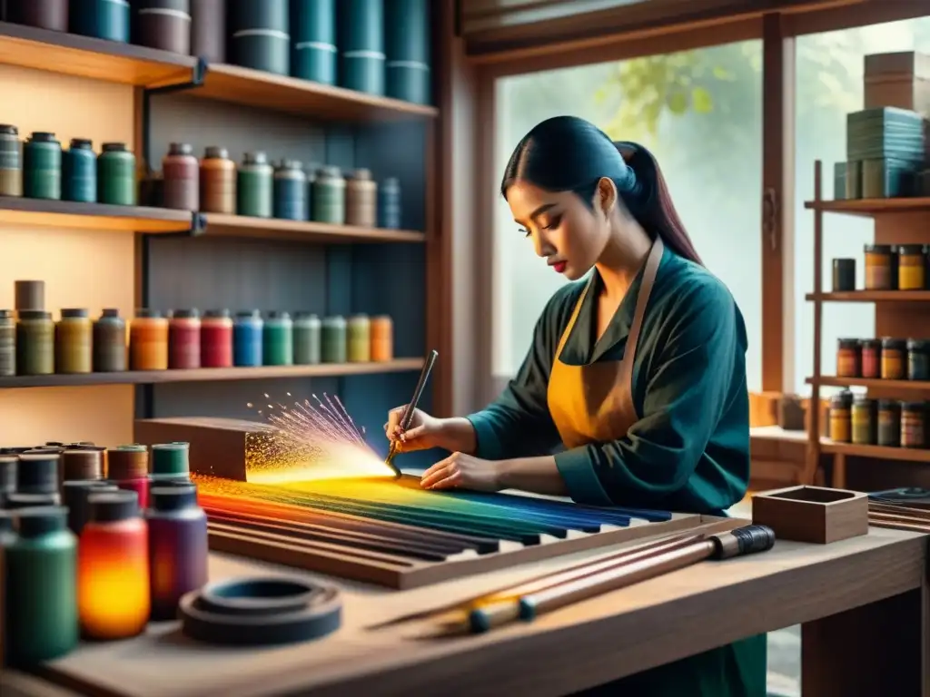 Un maestro grabador talla diseños en un bloque rodeado de herramientas y pinturas, reflejando la ciencia técnica de la impresión artística