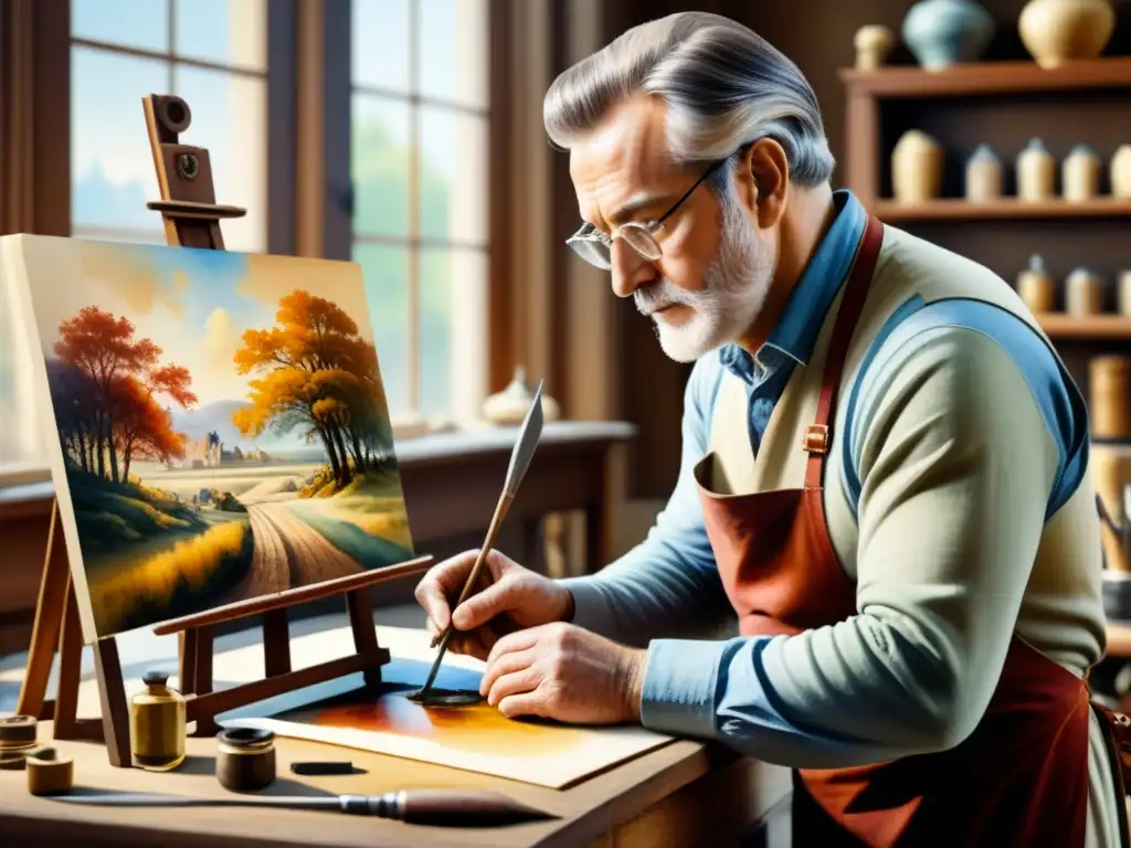 Un maestro restaurador de arte devolviendo vida a una obra olvidada en su estudio iluminado por el sol