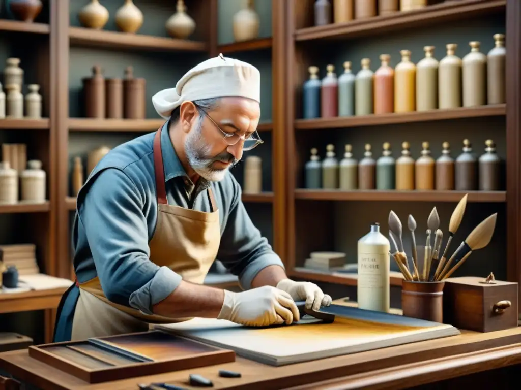 Un maestro restaurador cuidadosamente limpia una pintura antigua en un estudio soleado lleno de herramientas y libros