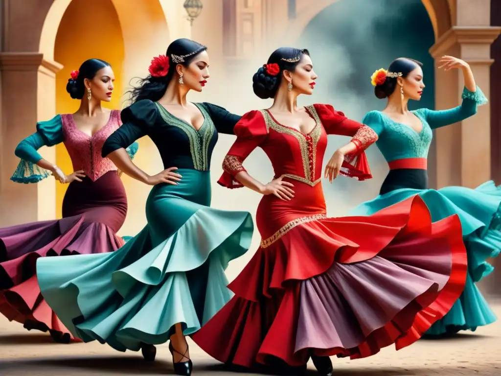 Flamenco en Detalle: Danza Apasionada del Renacimiento Maestros del Renacimiento flamenco técnicas: Un detallado cuadro acuarela de bailarines en trajes vibrantes y movimientos dinámicos