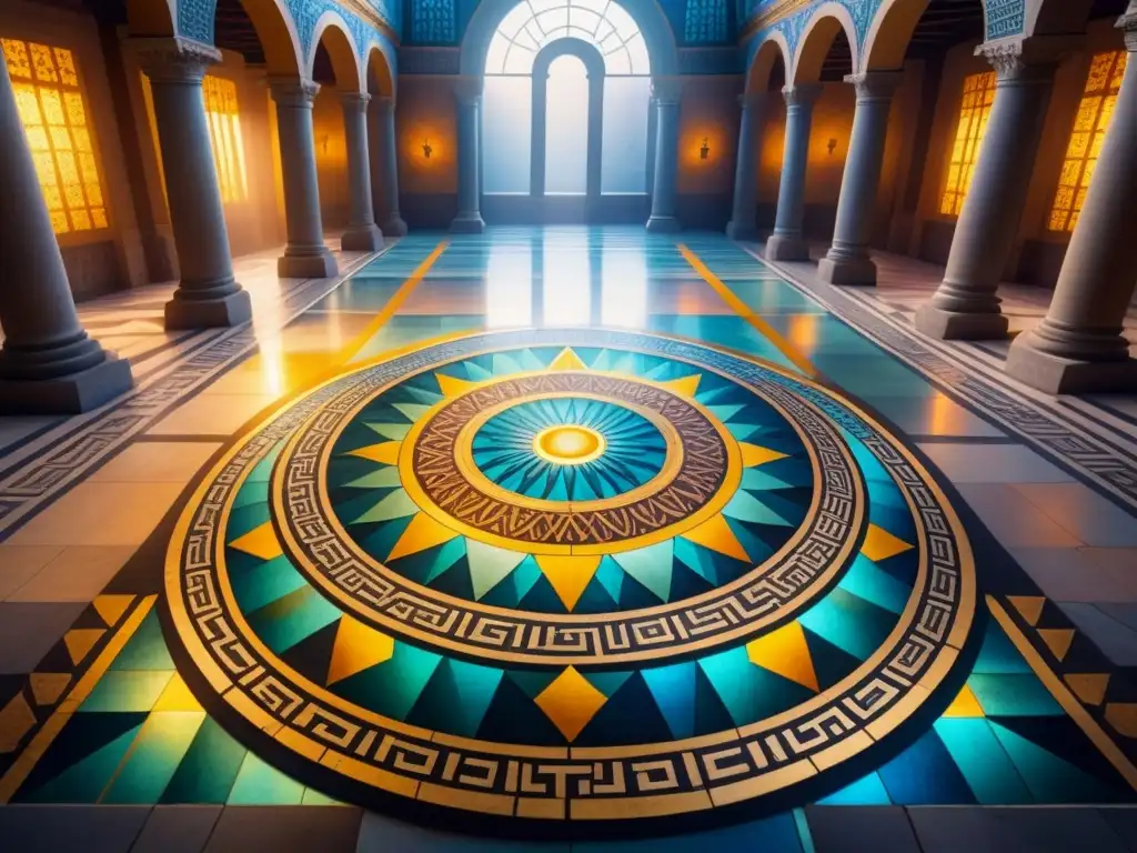 Un magnífico mosaico romano detallado en acuarela, con patrones geométricos, figuras mitológicas y una sala iluminada por el sol