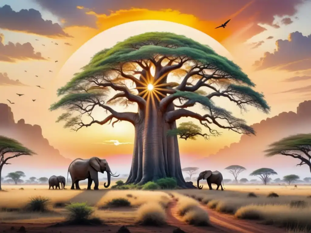 Una majestuosa acuarela de un baobab en la sabana africana al atardecer, rodeado de elefantes