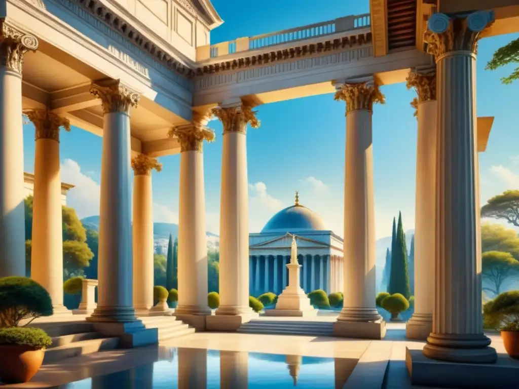 Acuarela neoclásica: majestuosidad y elegancia Una majestuosa representación en acuarela de un edificio neoclásico, con columnas corintias, frisos elaborados y una cúpula bajo un cielo azul claro