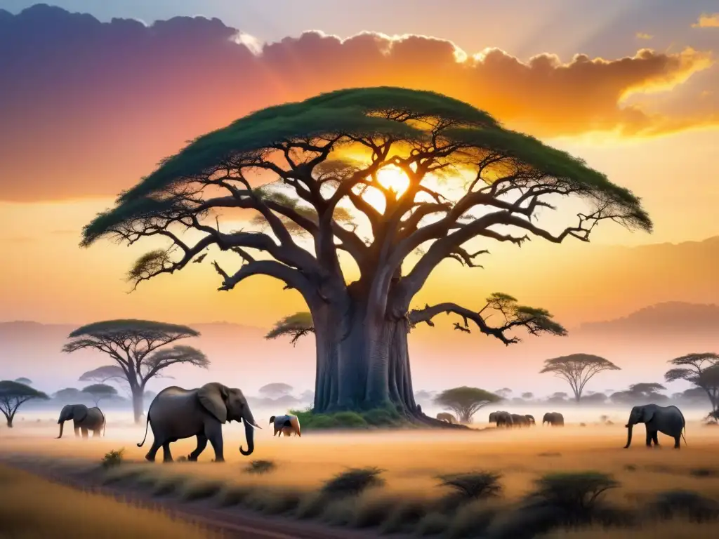 Una majestuosa acuarela del vibrante amanecer en la sabana africana, con un imponente árbol baobab en silueta contra un cielo multicolor