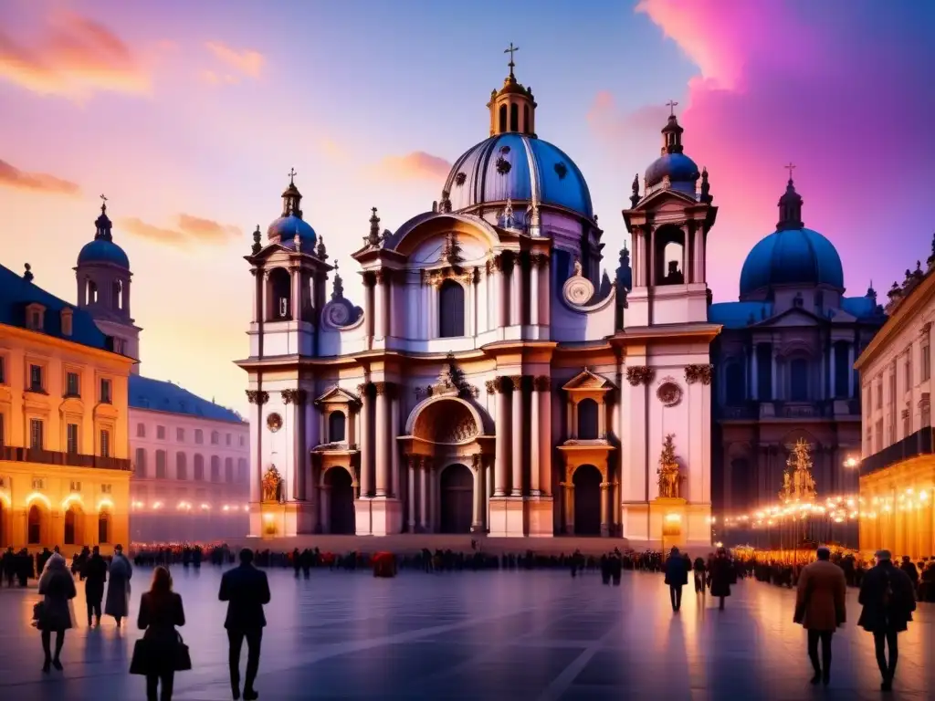 Majestuosa catedral barroca al atardecer, con detalles arquitectónicos y gente vestida de época en una plaza