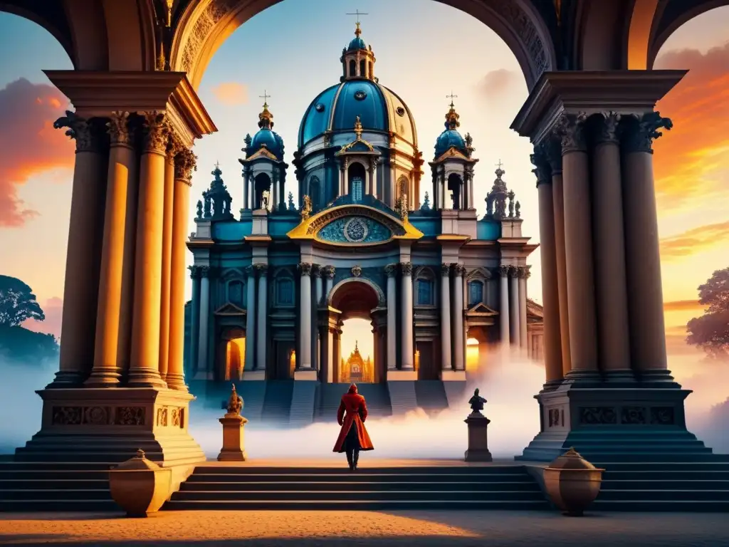 Una majestuosa catedral barroca al atardecer, reflejando luz en su arquitectura detallada