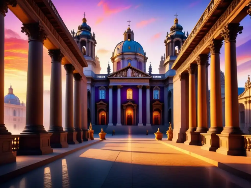 Una majestuosa catedral barroca detallada en acuarela, con esculturas ornamentadas, columnas y sombras bajo un vibrante atardecer