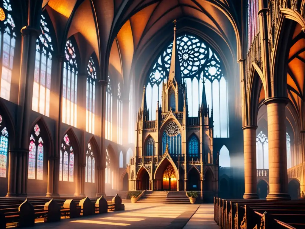 Una majestuosa catedral gótica en acuarela, con detalles intrincados y vitrales brillantes bajo la luz dorada del atardecer