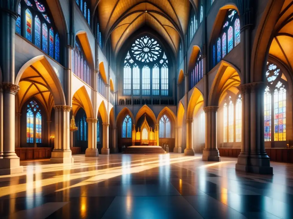 Una majestuosa catedral gótica bañada en luz dorada, con vitrales coloridos creando un ambiente espiritual