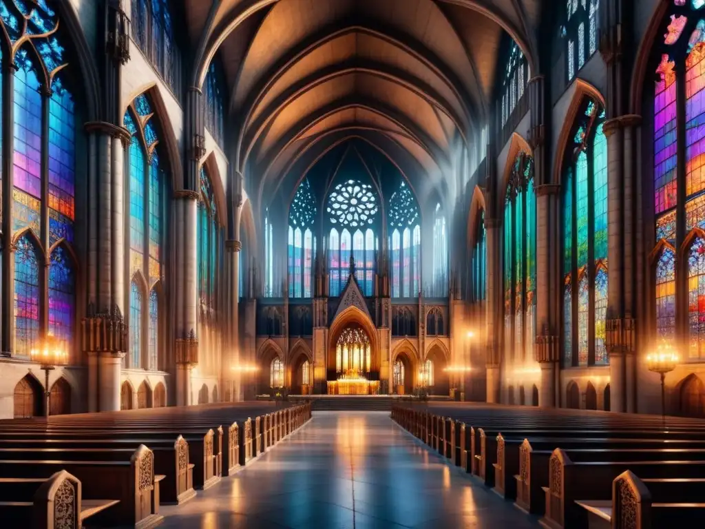 Una majestuosa catedral gótica iluminada por vidrieras, creando un ambiente etéreo de belleza y sombras