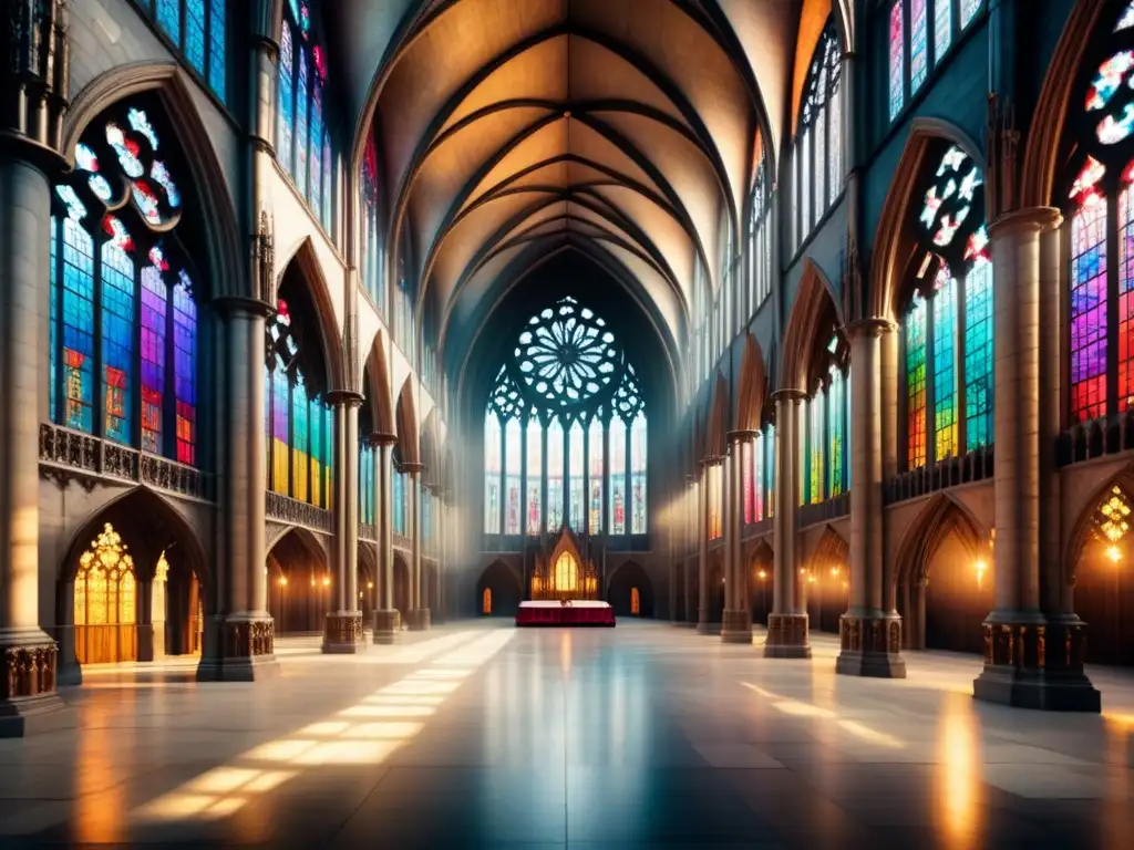 Una majestuosa catedral gótica con vidrieras coloreadas, resalta la historia y arte en una danza de luz y sombra