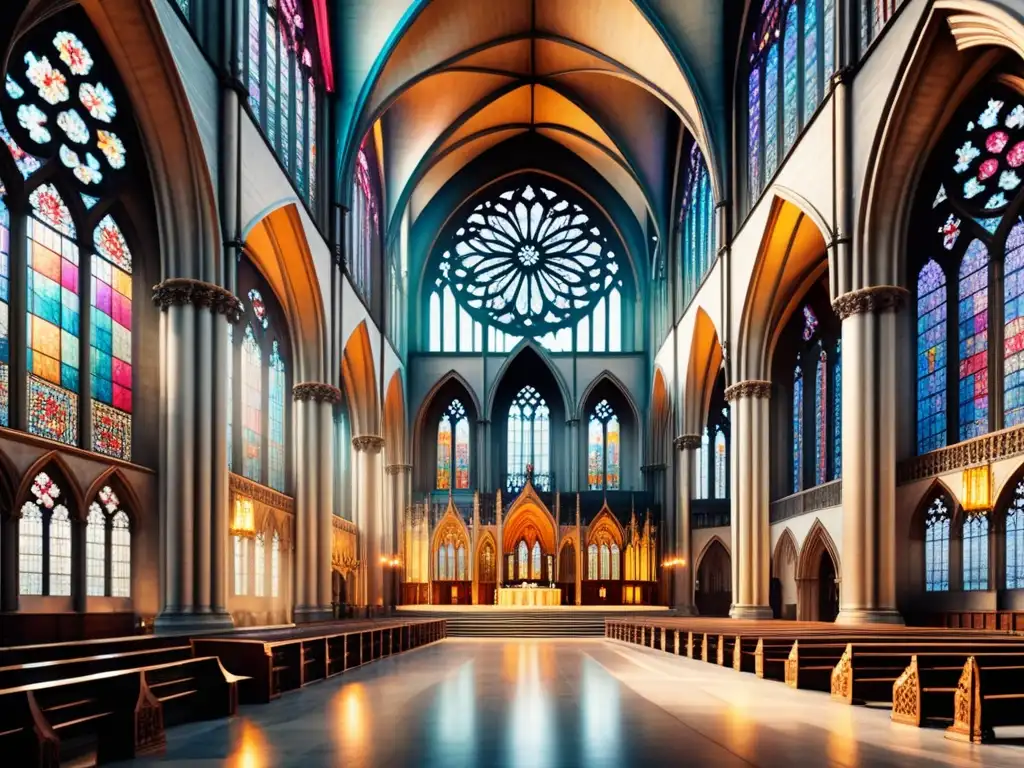 Una majestuosa catedral gótica con vidrieras coloreadas y arcos ojivales detallados, resplandeciendo con luz solar